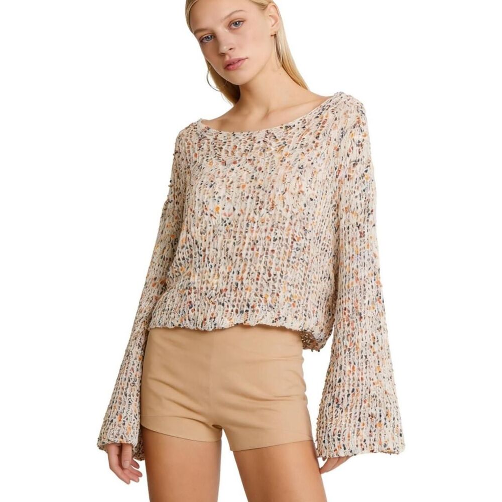 Boho Crochet Sweater Beige Multicolor Hollow Out Crop Knit Top
